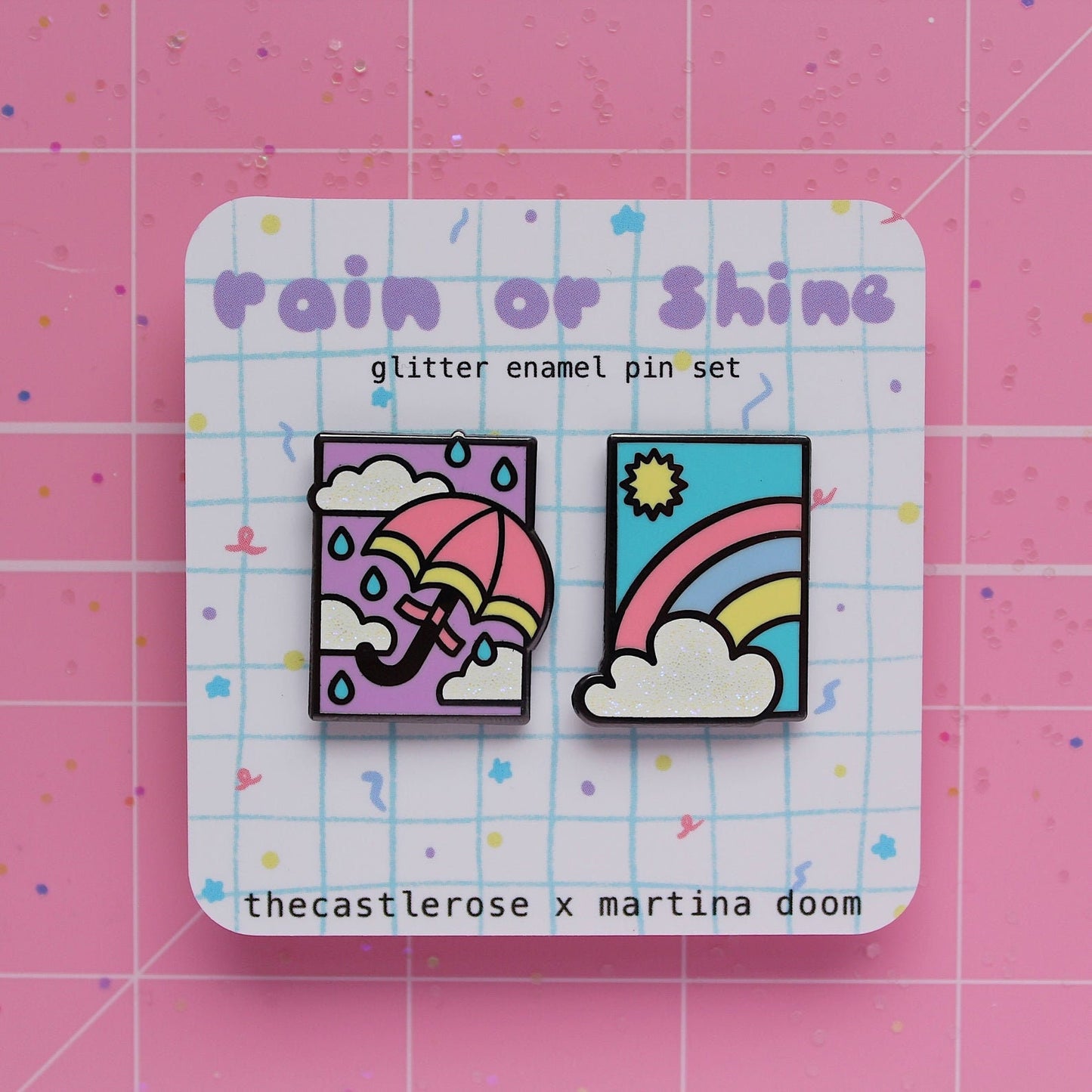 RAIN OR SHINE Glitter Enamel Pin Set — collab with @martinadoom